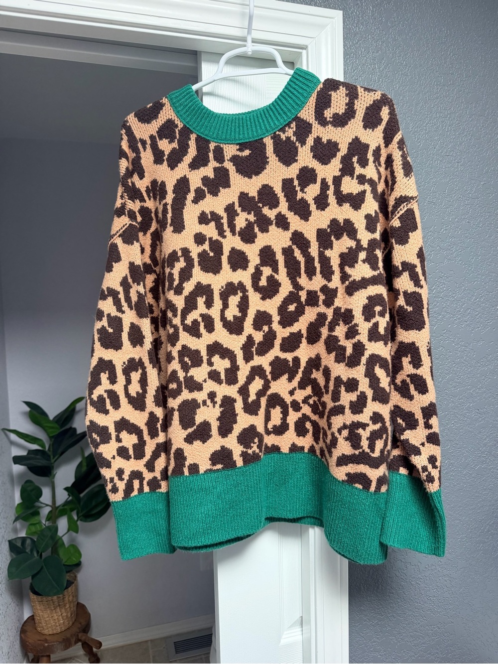aerie Leopard Print Crewneck Sweater with Green Trim
